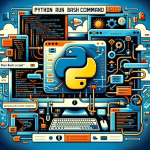 Python script executing Bash commands illustrated with terminal windows and command line interface icons symbolizing cross-platform automation