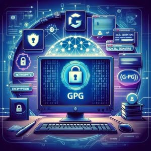 digital image of Linux screen illustrating gpg for encryption featuring lock graphics and digital signature markers emphasizing data security and privacy