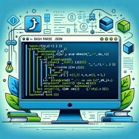 image of bash script parse a JSON file with JSON structure and data extraction symbols symbolizing data processing