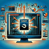 image of linux terminal showcasing gunzip for file decompression with unzipping symbols and decompression icons focusing on data extraction