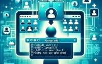 picture of Linux interface displaying groupadd for user group addition emphasized with group icons and addition symbols symbolizing user management