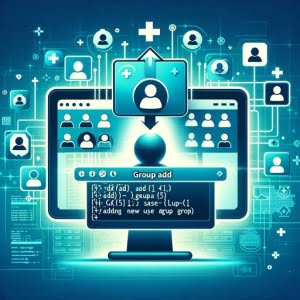 picture of Linux interface displaying groupadd for user group addition emphasized with group icons and addition symbols symbolizing user management