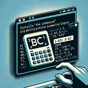 Digital illustration of a Linux terminal depicting the installation of the bc command an arbitrary precision calculator language