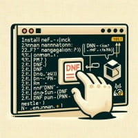 Digital illustration of a Linux terminal depicting the installation of the dnf command a package manager for RPM-based distributions