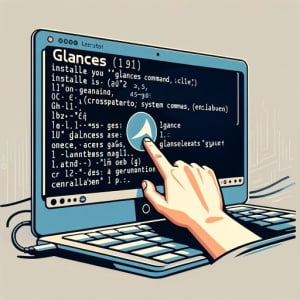 Digital illustration of a Linux terminal depicting the installation of the glances command a cross-platform system monitoring tool