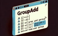 Digital illustration of a Linux terminal depicting the installation of the groupadd command used for creating a new user group