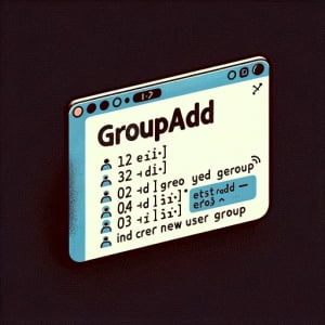 Digital illustration of a Linux terminal depicting the installation of the groupadd command used for creating a new user group