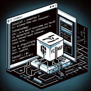 Digital illustration of a Linux terminal depicting the installation of the ifconfig command used for configuring kernel-resident network interfaces