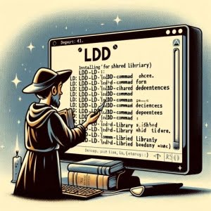Digital illustration of a Linux terminal depicting the installation of the ldd command used for checking dynamic dependencies of executable files