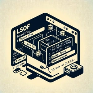 Digital illustration of a Linux terminal depicting the installation of the lsof command used for listing open files and processes