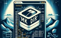 Digital illustration of a Linux terminal depicting the installation of the mkdir command used for creating directories