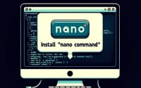 Digital illustration of a Linux terminal depicting the installation of the nano command a simple text editor