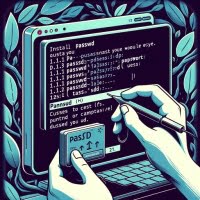 Digital illustration of a Linux terminal interface showcasing the process of installing the passwd command