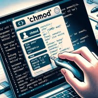 Graphic representation of a Linux terminal showing the installation process of the chmod command for changing file access permissions