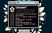 Graphic representation of a Linux terminal showing the installation process of the chown command for changing file owner and group