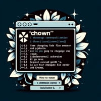 Graphic representation of a Linux terminal showing the installation process of the chown command for changing file owner and group