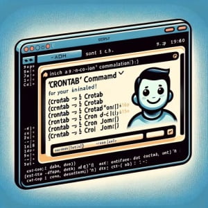 Graphic representation of a Linux terminal showing the installation process of the crontab command for editing cron jobs