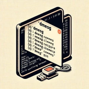 Graphic representation of a Linux terminal showing the installation process of the dmesg command for kernel messages