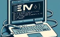 Graphic representation of a Linux terminal showing the installation process of the env command for running programs in a modified environment