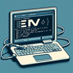 Graphic representation of a Linux terminal showing the installation process of the env command for running programs in a modified environment