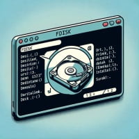 Graphic representation of a Linux terminal showing the installation process of the fdisk command for disk partitioning