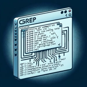 Graphic representation of a Linux terminal showing the installation process of the grep command for searching text using patterns