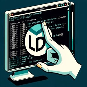 Graphic representation of a Linux terminal showing the installation process of the ld command the GNU linker for programs and libraries