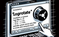 Graphic representation of a Linux terminal showing the installation process of the logrotate command used for managing system log files