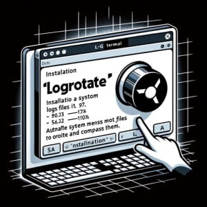 Graphic representation of a Linux terminal showing the installation process of the logrotate command used for managing system log files