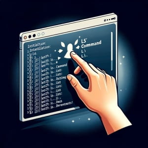 Graphic representation of a Linux terminal showing the installation process of the ls command for listing directory contents