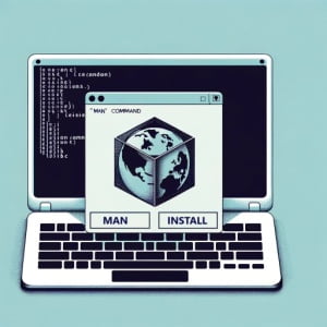 Graphic representation of a Linux terminal showing the installation process of the man command for viewing manual pages