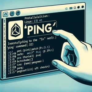 Graphic representation of a Linux terminal showing the installation process of the ping command used for checking connectivity to a server on a network