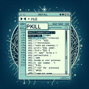Graphic representation of a Linux terminal showing the installation process of the pkill command used for sending signals to processes