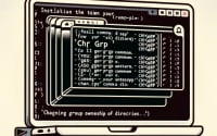 Illustration of a Linux terminal displaying the installation of the chgrp command for changing group ownership