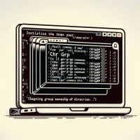 Illustration of a Linux terminal displaying the installation of the chgrp command for changing group ownership