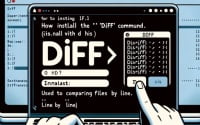 Illustration of a Linux terminal displaying the installation of the diff command for file comparison