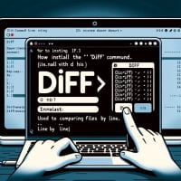 Illustration of a Linux terminal displaying the installation of the diff command for file comparison