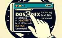 Illustration of a Linux terminal displaying the installation of the dos2unix command for text file format conversion