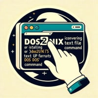 Illustration of a Linux terminal displaying the installation of the dos2unix command for text file format conversion