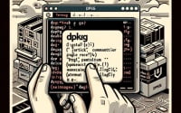 Illustration of a Linux terminal displaying the installation of the dpkg command a package manager for Debian-based systems