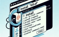 Illustration of a Linux terminal displaying the installation of the killall command used for terminating processes by name