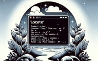 Illustration of a Linux terminal displaying the installation of the locate command used for quickly finding files by name