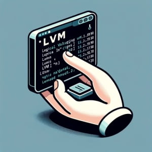 Illustration of a Linux terminal displaying the installation of the lvm command used for managing logical volumes