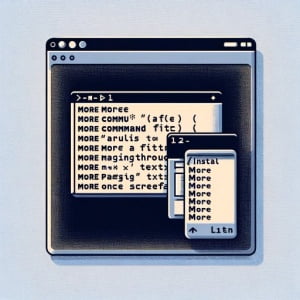 Illustration of a Linux terminal displaying the installation of the more command a text paging filter