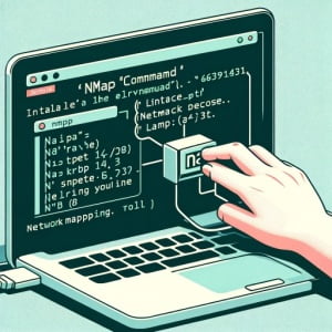 Illustration of a Linux terminal displaying the installation of the nmap command a network mapping tool used for network discovery and security auditing