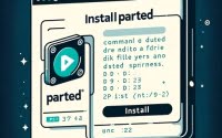 Illustration of a Linux terminal displaying the installation of the parted command used for manipulating disk partitions and filesystems