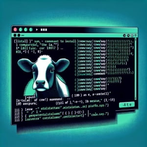 Image of a Linux terminal illustrating the installation of the cowsay command a program for generating ASCII cow images with messages