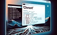 Visual depiction of a Linux terminal with the process of installing the chroot command for changing the root directory