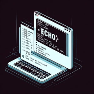 Visual depiction of a Linux terminal with the process of installing the echo command for displaying text