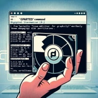 Visual depiction of a Linux terminal with the process of installing the gparted command a partition editor